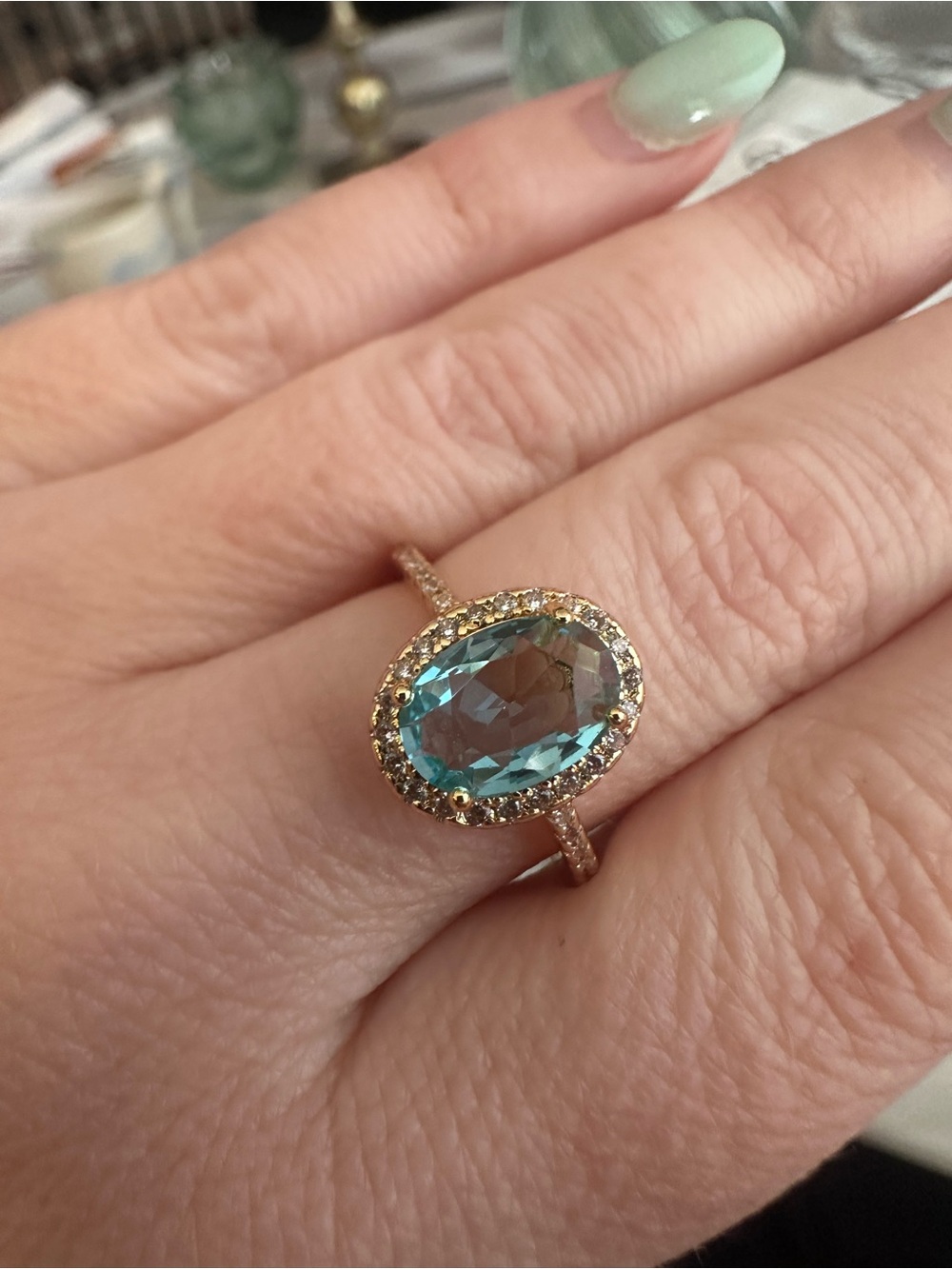 Aquamarine Oval Stone, gold plated ring with pave halo sz 8